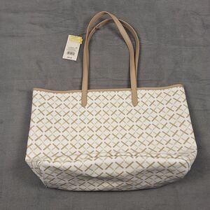 A New Day White/Tan Monogram Tote Handbag 11" Tall X 17 Wide.